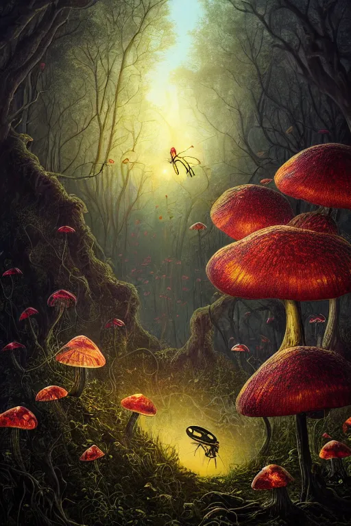 Image similar to a beautiful digital illustration painting of a detailed gothic fantasy fireflies and roots, dark mushroom, flowers by benoit b. mandelbrot, steven belledin, martin johnson heade, lee madgwick, caspar david friedrich, and david rios ferreira. 8 k resolution trending on artstation concept art digital illustration