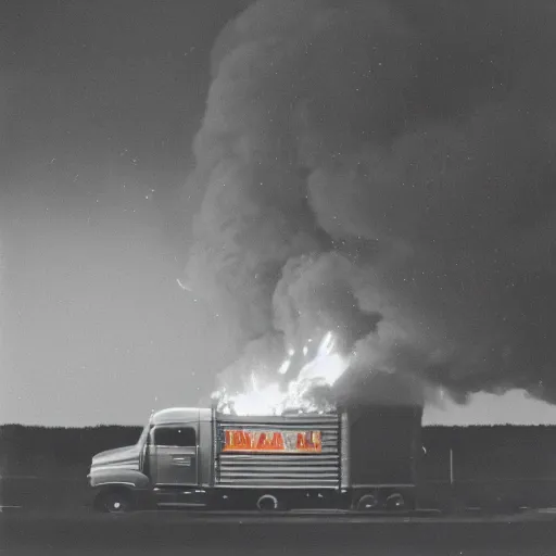 Prompt: analog photograph of a truck on fire, big smoke clouds visible, flames, sparks, film grain, depth of field, bokeh, color bleed