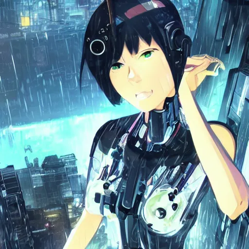 Prompt: android mechanical cyborg girl in overcrowded urban dystopia raining makoto shinkai wide angle