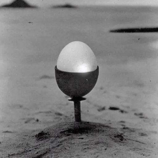 Image similar to an early 1 9 0 0 s photograph of an alien hatching from a levitating luminescent alien egg on the beach, moonlight, at nighttime,