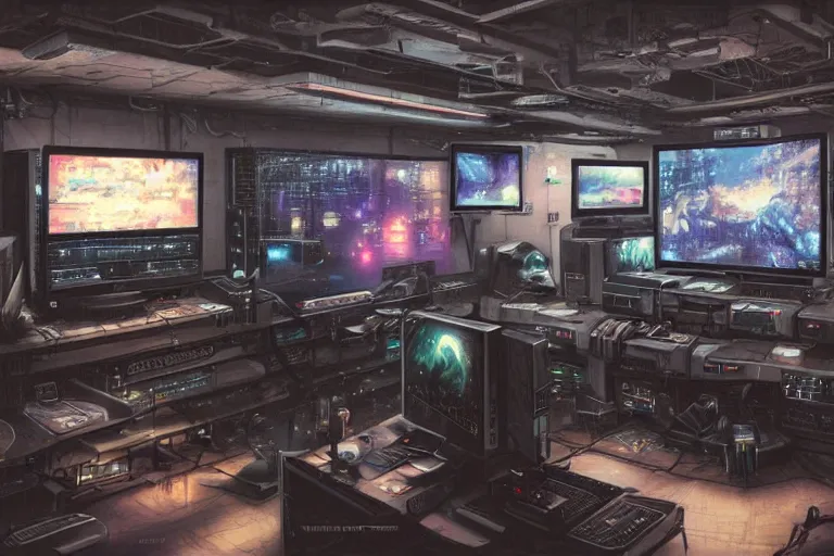 Prompt: a computer room filled with lots of monitors, cyberpunk art by chie yoshii, cgsociety, retrofuturism, greeble, dystopian art, circuitry