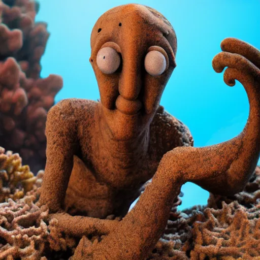 Image similar to rusty statue of handsome squidward in a coreal reef, 4 k