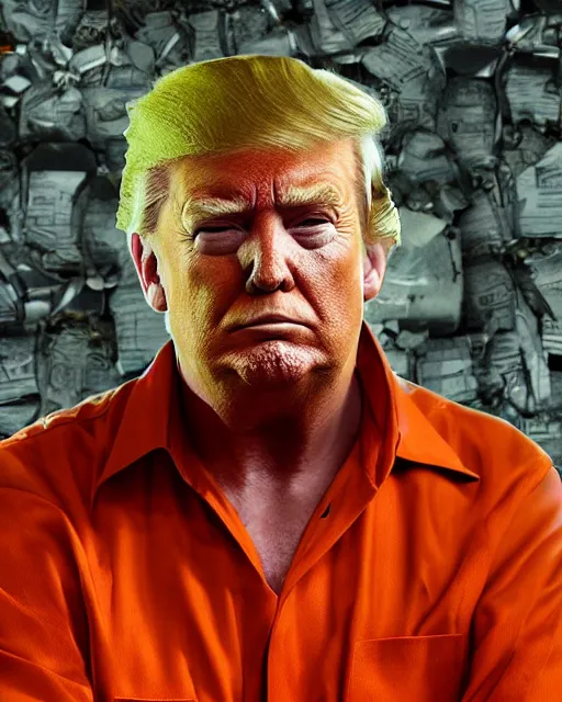 Image similar to a head and shoulders portrait of Donald trump wearing a orange jumpsuit, sitting on the floor of a filthy rat infested concrete jail, dimly lit, volumetric lighting, in jail by craig mullins and Annie Leibowitz, octane, 8k,