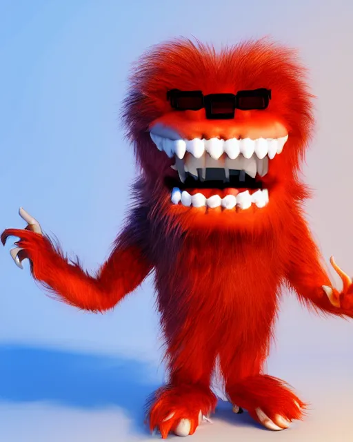 Image similar to 3 d render of completely red hairy friendly monster smiling wearing chrome shades, full body, simple, cute, white background, unreal engine 5 hdr