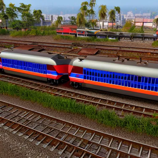 Image similar to drone shot of an indian train, highly detailed, photorealistic portrait, bright studio setting, studio lighting, crisp quality and light reflections, unreal engine 5 quality render