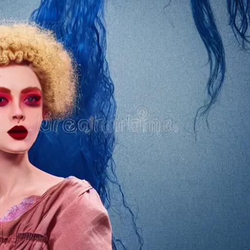 Prompt: a beautiful english woman with a long face narrow nose blue eyes red lips and wild messy tangles of curly white blonde hair, high resolution film still, sandy, a journey to the west