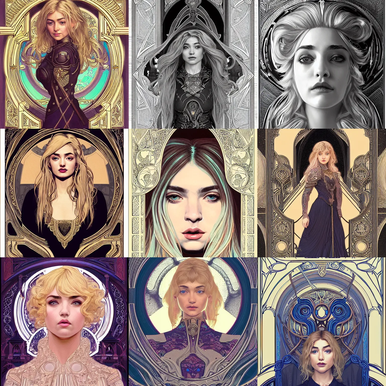 Prompt: front facing symmetrical centered portrait, Imogen Poots as a Paladin, blonde hair, Art Nouveau, beautiful retro Fantasy heroine 1985, book cover, intricate, elegant, highly detailed, centered, digital painting, trending on artstation, concept art, smooth, sharp focus, illustration, art by raphael lacoste, eddie mendoza, Mucha, alex ross, WLOP
