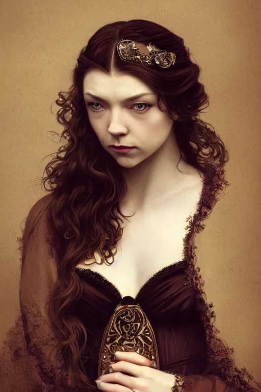 Prompt: a portrait of an elegant beautiful dark bohemian vampire woman, smooth face, glamour shot, (Natalie Dormer), bored, illustration, dramatic lighting, soft details, painting oil on canvas, art nouveau, octane render, HDR, 4k, 8k, HD, by Edmund Blair Leighton, Brom, Charlie Bowater, trending on artstation,