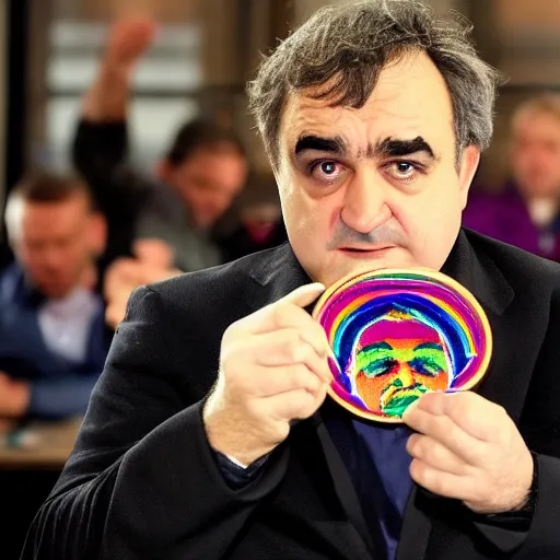 Prompt: a man who looks like john belushi mixed with gordon brown, wearing a rainbow coloured tracksuit and big gold star shaped medallion