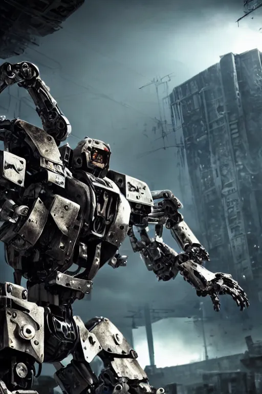 Image similar to a furture ai boxing humanoid mecha in ruin city, victory, punk style, by war robots, real steel ( 2 0 1 1 ), westworld and eve venture and pacific rim and machine warrior 5, cryengine, frostbite 3 engine, camouflage scheme, sharp focus, 8 k realistic, high definition, insanely detailed, sunny, ray tracing, realistic shaded,