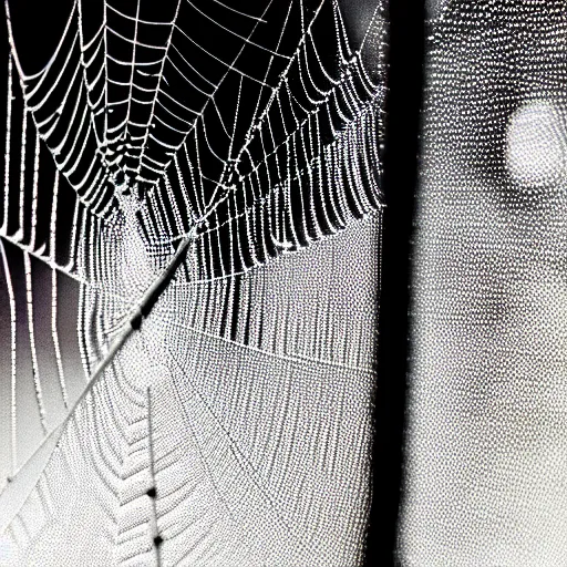 Image similar to dewdrops on spiderweb, award winning black and white photography