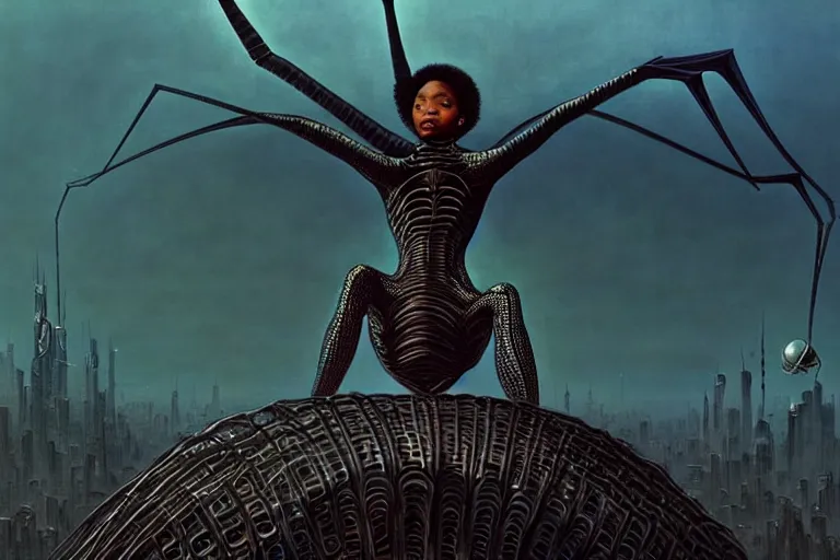 Prompt: realistic detailed portrait movie shot of a beautiful black woman riding a giant spider, dystopian city landscape background by denis villeneuve, amano, yves tanguy, alphonse mucha, max ernst, kehinde wiley, jean delville, david lynch, roger dean, cyber necklace, rich moody colours, sci fi patterns, dramatic, wide angle