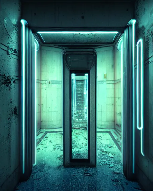 Image similar to a beautiful photorealistic rendering of elevator abandoned urbex architecture nature by carlo stanga, architecture island neon signs studio ghibli infrared bladerunner 2 0 4 9 dramatic lighting heavy rain atlantis dieselpunk uv light, archdaily, wallpaper, highly detailed, trending on artstation.