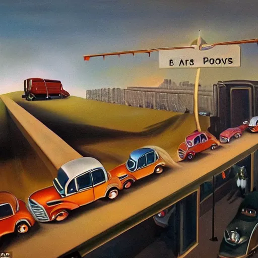 Image similar to a beautiful surrealist painting depicting being stuck in traffic. oil on canvas, 1 9 4 0. trending, high quality, high resolution, detailed