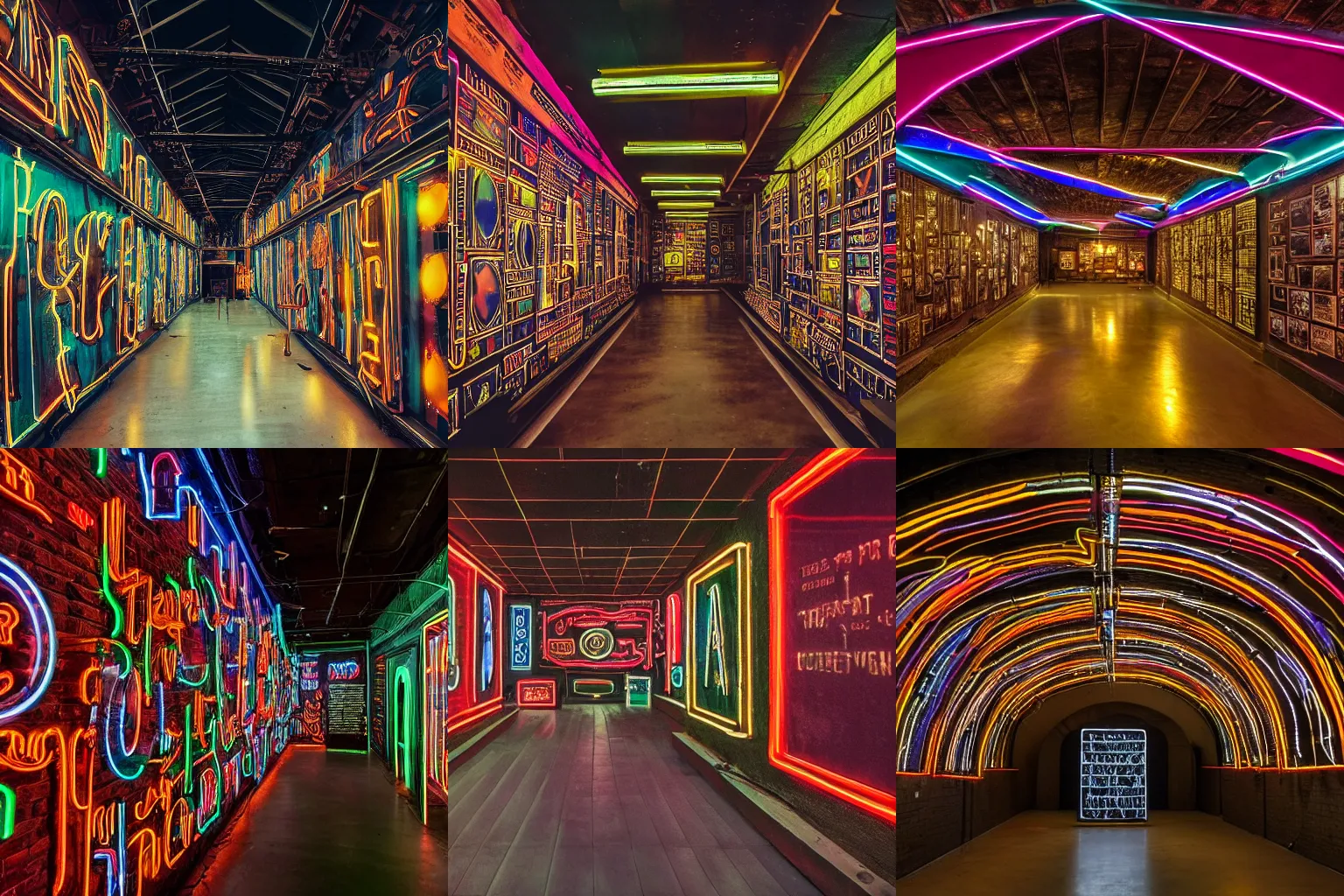 Prompt: a large dark museum room full of neon signs from different places and time periods, award winning photograph, 8k restoration