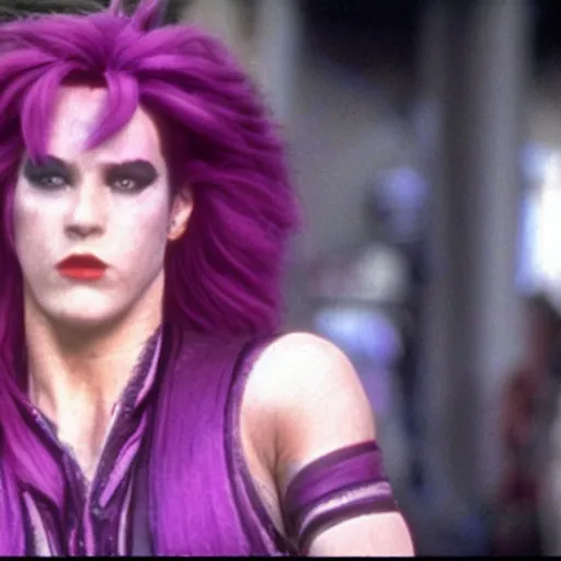 Prompt: a film still of Diavolo with purple hair from Jojo in Goodfellas(1990)