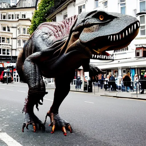 Prompt: a tyrannosaurus rex walking through the streets of london