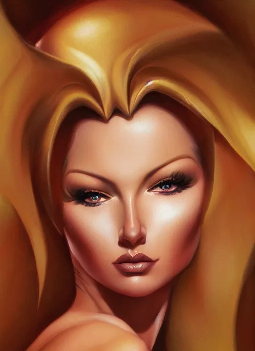 Prompt: closeup portrait a beautiful woman by boris vallejo and julie bell, mark rydek, popovy sisters, intricate, bjd, trending on artstation.