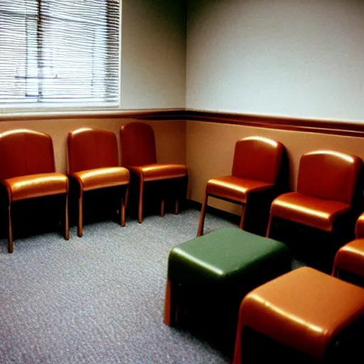 Image similar to Nostalgic waiting room, lowly-lit, 1990s style, no people