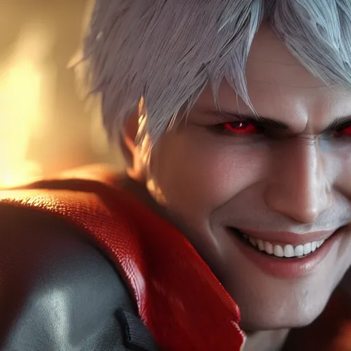 Image similar to dante from devil may cry, smiling, octane render, highly detailed, 8k, trending on social media, high quality, volumetric lighting, portrait,