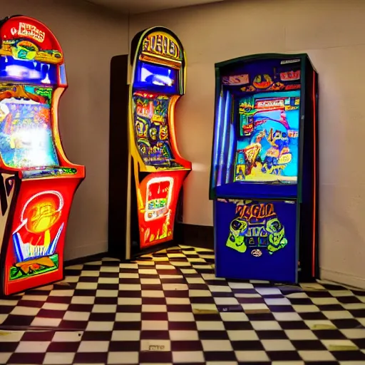 Image similar to an empty arcade with only one arcade game left, and a door to the left with an exit sign above it, the carpet is brown