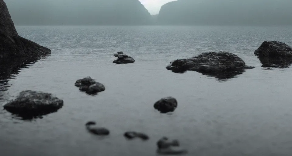 Image similar to extreme low angle camera lens partially submerged in water showing the surface of a lake with a rocky lake shore in the foreground, hexagonal rocks, geometric rocks, scene from a film directed by charlie kaufman ( 2 0 0 1 ), foggy volumetric light morning, extremely moody, cinematic shot on anamorphic lenses