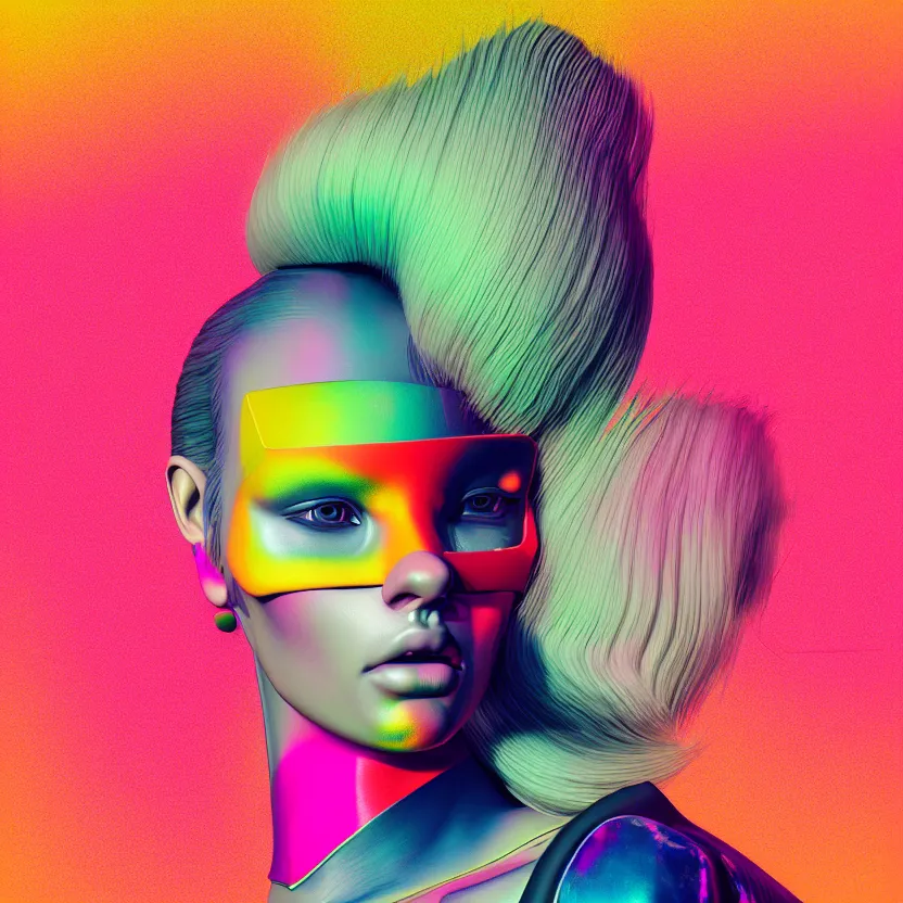 Prompt: full frontal portrait of a post modern hybrid fashion model with an exuberant style from year 2 0 8 0, colorful, photorealistic, octane render, vray, detailed, halftoned, editorial illustration, matte print, grainy light, ( ( dither ) ), risograph, high contrast, screen print, grainy texture