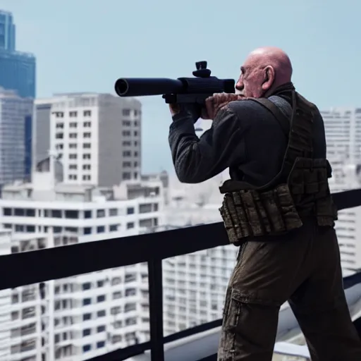 Image similar to film still of mike ehrmantraut aiming with a sniper rifle on a rooftop, 4 k, highly detailed