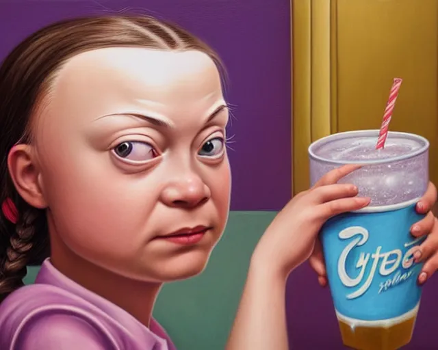 Image similar to closeup profile portrait of a greta thunberg drinking soda in a 1 9 5 0 s diner, nicoletta ceccoli, mark ryden, lostfish, max fleischer, hyper realistic, artstation, illustration, digital paint, matte paint, vivid colors, bright, cheerful, detailed and intricate environment