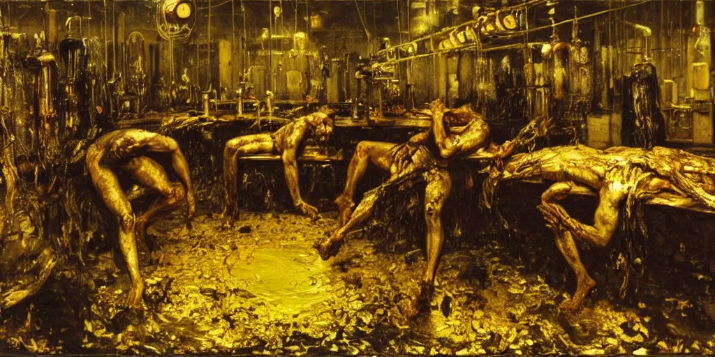 Image similar to realistic Courbet painting of a dark sci-fi laboratory at night, zombiewalking dressed in rags made of guts and veins dripping golden shiny metalic fluid from ribcage to the floor. liquid shiny pool of gold on the floor.