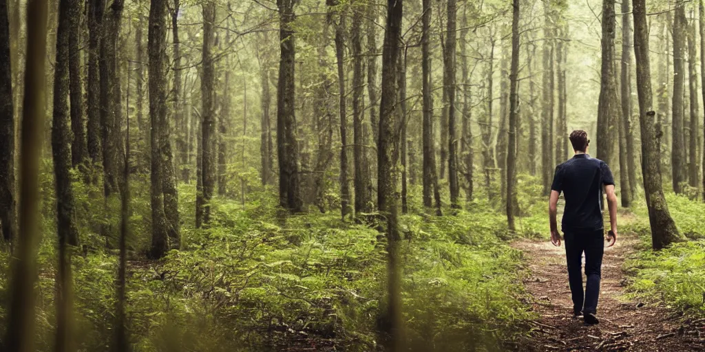 Image similar to fotorealistic image of a young man walking in the forest