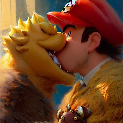 Image similar to a portrait of a super mario kissing bowser. highly detailed painting by gaston bussiere, craig mullins, j. c. leyendecker, furry