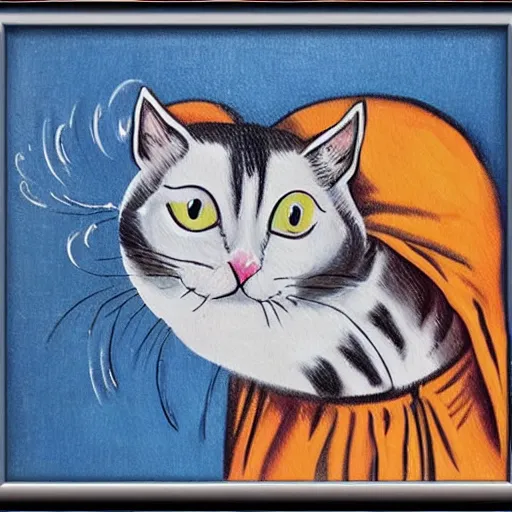 Image similar to canvas painting of cat monk cartoon, front view, eyes closed, omm