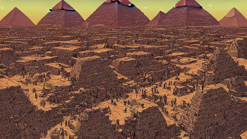 Image similar to highly detailed illustration the pyramids of giza by moebius, nico delort, oliver vernon, kilian eng, joseph moncada, damon soule, manabu ikeda, kyle hotz, dan mumford, otomo, 4 k resolution