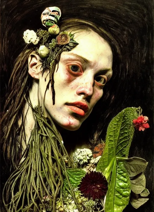 Image similar to beautiful and detailed rotten woman made of plants and many different types of flowers, muscles, intricate, organs, ornate, surreal, john constable, guy denning, gustave courbet, caravaggio, romero ressendi sorolla