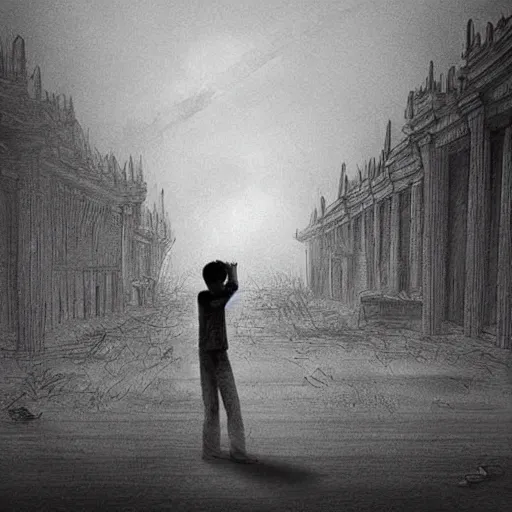 Image similar to the city is burning and fire is everywhere, palaces are collapsing just a man was standing alone crying while world is getting destroyed detailed picture