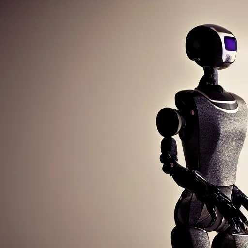 Prompt: a portrait of a humanoid robot looking into the distance, dramatic lighting, taken with canon eos 5 d