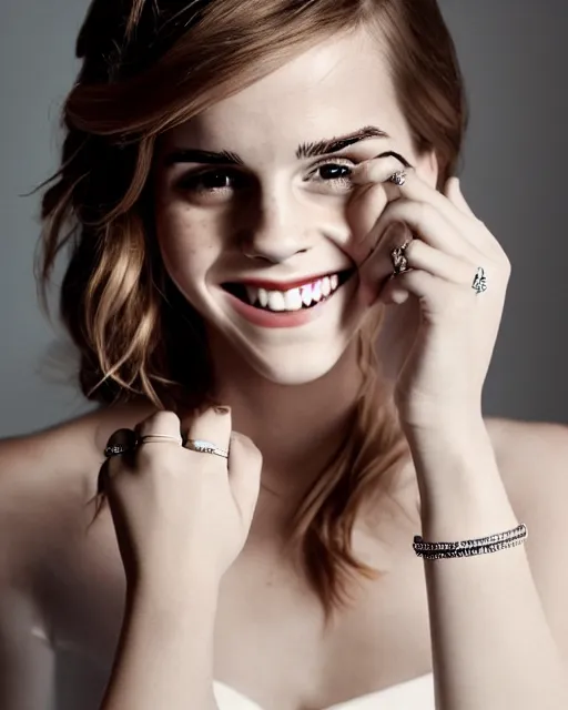 Image similar to A photo of laugh emma watson show wedding ring on his fingers. 50 mm. perfect ring. award winning photography