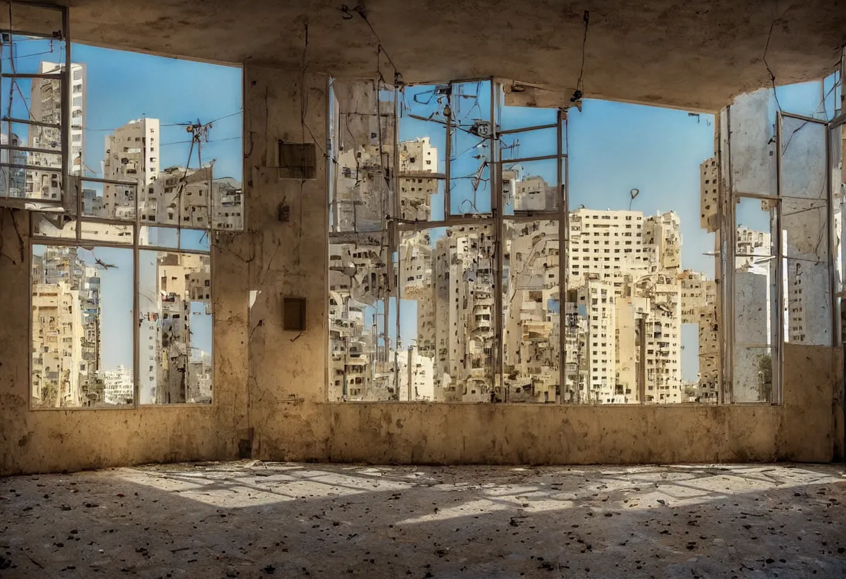 Prompt: happy and bright photo of an empty interior location in tel aviv, vivid colors, sun light, cinematic scenery, art by gregory crewdson