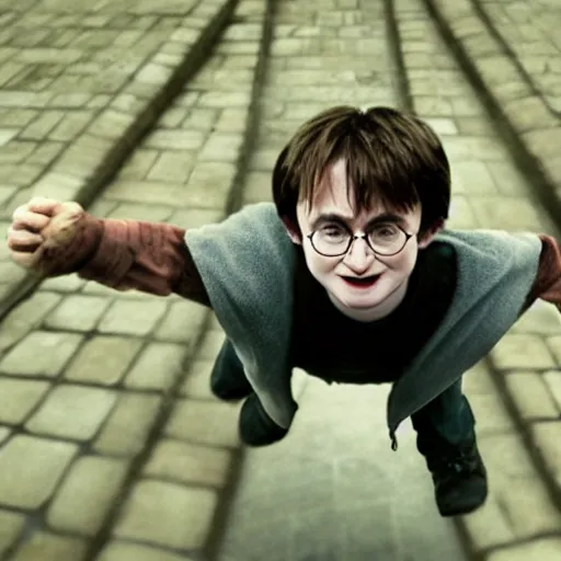 Image similar to happy potter, wide shot, by christopher nolan