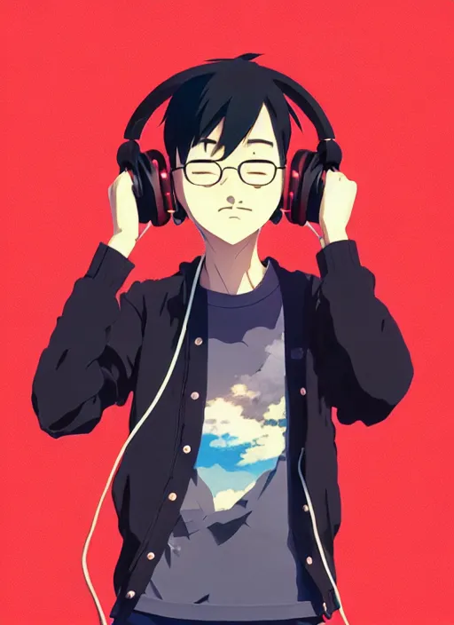 Image similar to portrait of chilled kong, sunny sky background, lush landscape, illustration concept art anime key visual trending pixiv fanbox by wlop and greg rutkowski and makoto shinkai and studio ghibli and kyoto animation, symmetrical facial features, black t shit, red headphones, ripped jeans, backlit, aerodynamic frame, gta 5