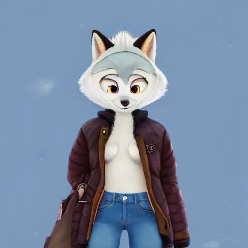 Prompt: upper half portrait of a anthropomorphic female snowfox with short fur covering her body, wearing a denim jacket in the style of zootopia, far shot,