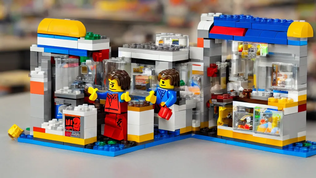 Image similar to lego art flexible convenience store robo - cashier