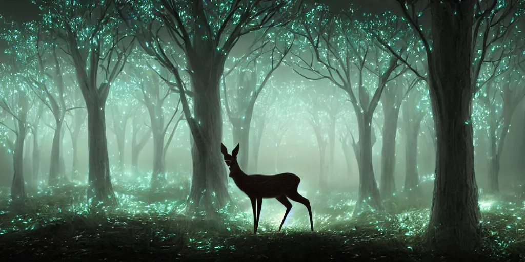 Prompt: a single deer in an ethereal electronic forest made from glowing circuits and electronics, highly detailed concept art, cinematic framing, 3 d, dark, moody, led