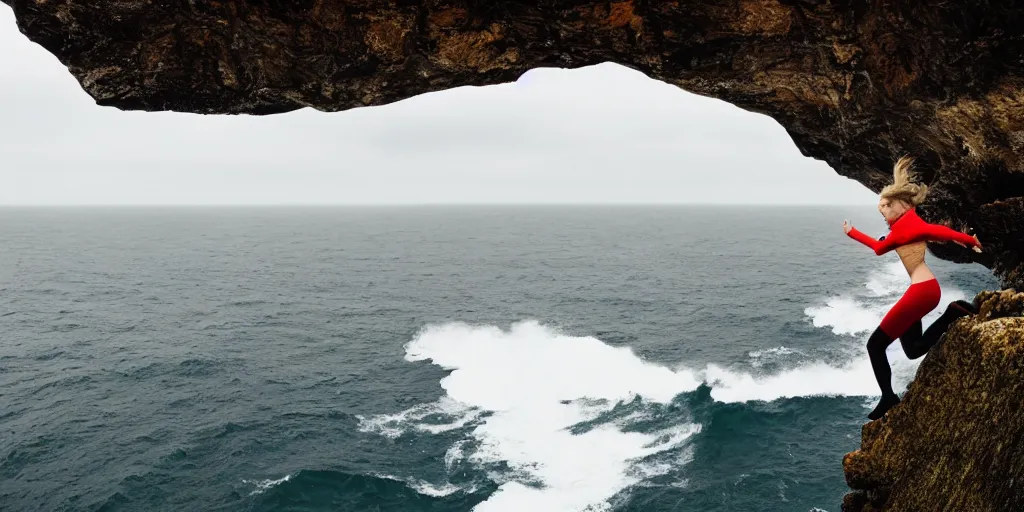 Prompt: catgirl jumping through a precipice on the coast up high, waves shattering on the rock, dramatic atmosphere, gloomy rainy weather, cinematic