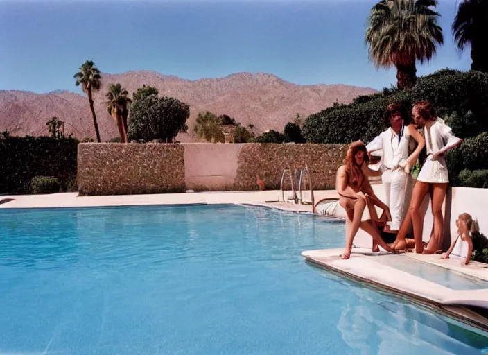 Image similar to a detailed photograph of 1 9 7 0 s palm springs backyard pool by slim aarons, poolside glamour, photoreal, getty images, 4 k