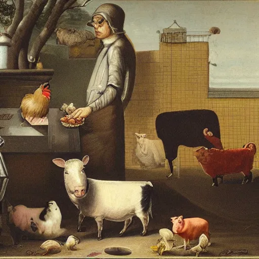 Image similar to butcher giving food to a cat, while being watched by a pig, a sheep, a chicken and a cow