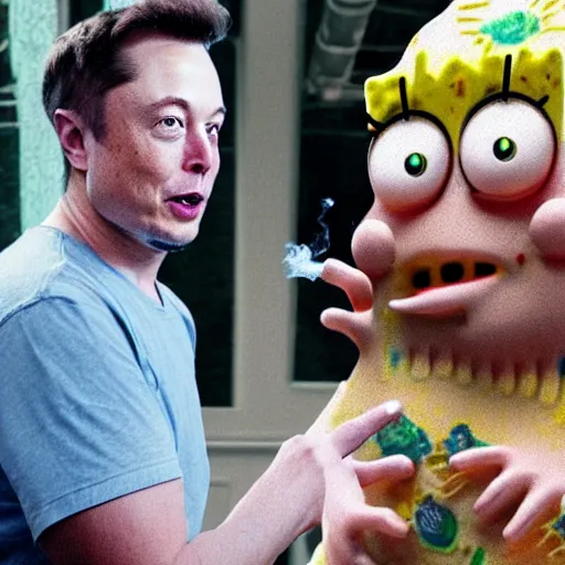 Image similar to Elon Musk and SpongeBob smoking weed ,4K, quality, realistic