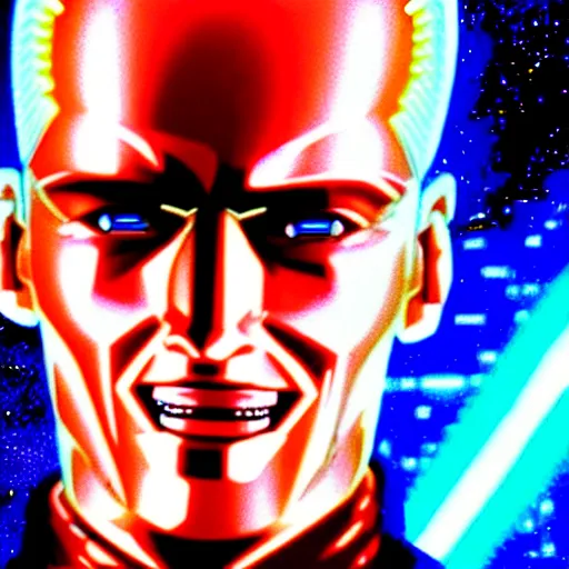 Image similar to uhd hyperrealistic photorealisitc detailed image of cosmic max headroom with sparking, busted, broken cybernetic implants, correct face, matt frewer as max headroom by ayami kojima, akira toriyama, and shonen jump.