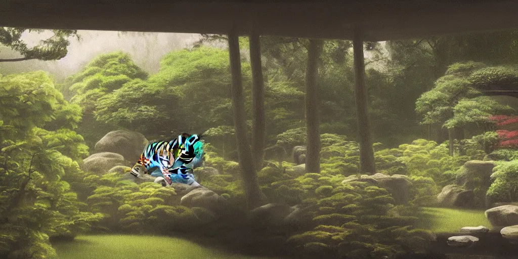 Prompt: a tiger in a Japanese garden, mist, cinematic lighting, detailed oil painting, hyperrealistic, 8k